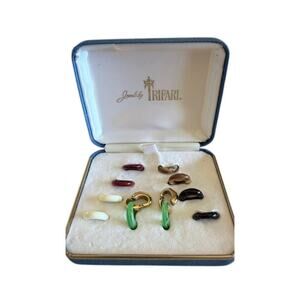 Trifari Interchangeable Earrings Set Gold Tone Clip On Beaded Dangles Vintage
